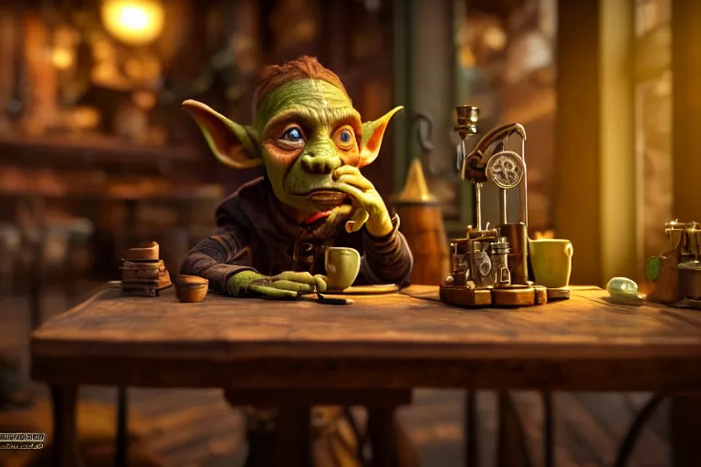 Image similar to a bored male goblin tinkerer sitting alone at a table in a cafe in a steampunk city, close up shot, sharp focus, shallow depth of field, highly detailed face, 8k, unreal engine 5, cinematic lighting, vivid elegant fantasy concept art, character art, warm atmosphere, artstation, deep complimentary colors, photorealistic, hyperdetailed 3D matte painting, hyperrealism, hyperrealistic masterpiece