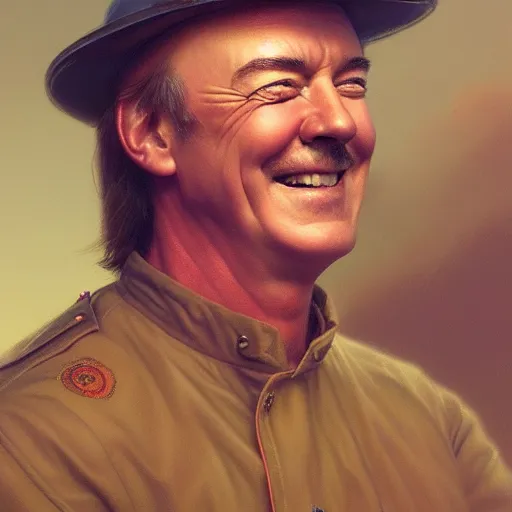 Image similar to A closeup of happy Neil Peart from Rush, highly detailed, by Greg Rutkowski, Raphael Lacoste, cgstation, 8k