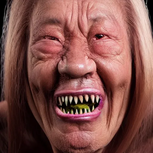 Image similar to a frontal studio headshot photograph of an elder demon resembling a large lily asiatic with teeth.