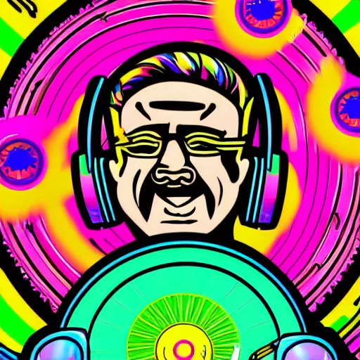 Image similar to svg sticker of a Dancing-Alex-Grey-Psychedelic-Rave-Man, at a rave, spinning records, giant headphones rocking out, wearing headphones, huge speakers, dancing, rave, DJ, spinning records, digital art, amazing composition, rule-of-thirds, award-winning, trending on artstation, featured on deviantart