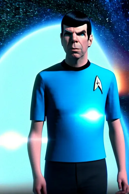 Prompt: (((((ZACHARY QUINTO SPOCK in his blue-colored STAR TREK shirt.))))) CINEMATIC VIEW + 8K UHD + RAYTRACING + HIGHLY REFLECTIVE !!!!!!!!!!!!!!!!!!!!!!!!!!!