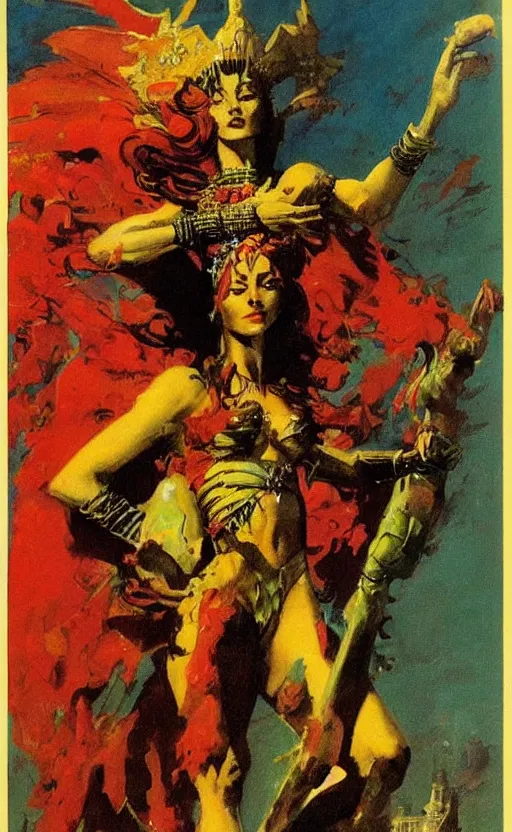 Prompt: queen of babylon, by frank frazetta, parapet, vibrant colors, red green yellow