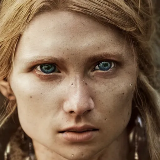 Image similar to portrait of a stunningly beautiful nordic tribal female, depth of field, zeiss lens, detailed, symmetrical, centered, fashion photoshoot, by Annie Leibovitz and Steve McCurry, David Lazar, Jimmy Nelsson, Breathtaking, 8k resolution, extremely detailed, beautiful, establishing shot, artistic, hyperrealistic, beautiful face, octane render