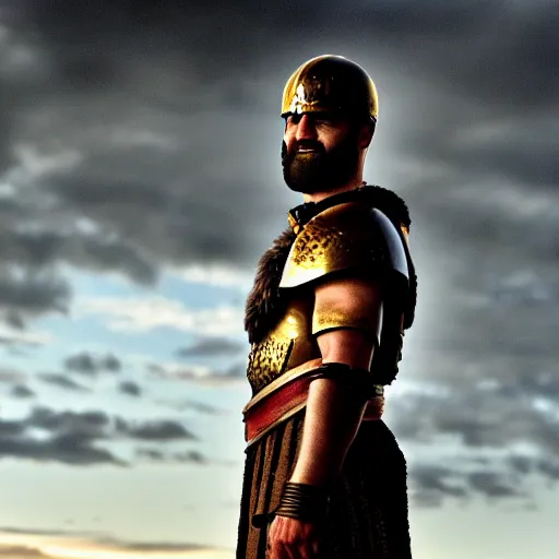 Image similar to epic cinematic film still of joe biden as leonidas in 3 0 0 movie, golden hour lighting, moody sky, 8 k