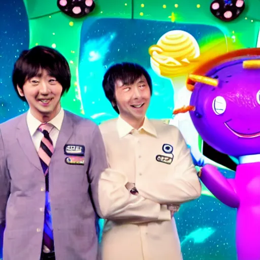 Prompt: tv still of 'Happy Tokoyo Fun Gameshow' (2012), outer space scene