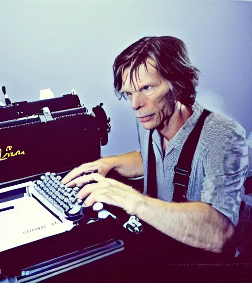 Image similar to Leica Zeiss hd portrait photo of Steven king using typewriter next to dark tower in synthwave style trending