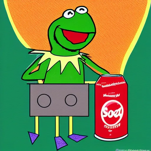 Image similar to kermit the frog chasing a soda can in the style of muppets by jim hansen