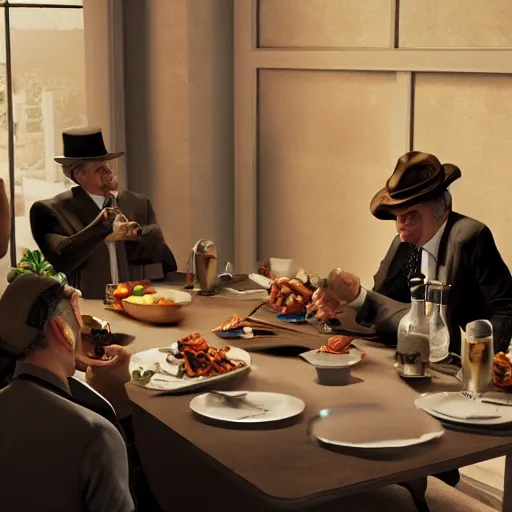 Image similar to a mafia family having dinner around a table, 3 d render octane, trending on artstation