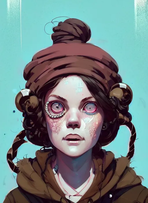 Image similar to highly detailed portrait of a sewer punk lady, blue eyes, tartan hoody, ringlet hair by atey ghailan, by greg rutkowski, by greg tocchini, by james gilleard, by joe fenton, by kaethe butcher, gradient pink, brown, light blue and white color scheme, grunge aesthetic!!! ( ( graffiti tag wall background ) )