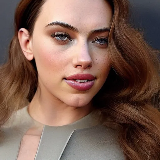 Image similar to a woman who is a genetic combination of kim kardashian and kat dennings and scarlett johansson and margot robbie and emma watson, face and upper - body focus