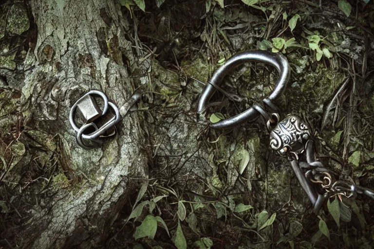 Image similar to photograph of a fantasy style shackle in an ancient forest