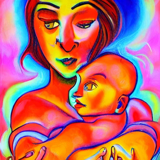 Image similar to beautiful woman cradling her child made of colorful fire by salome tatladze, elegant, colorful, loving