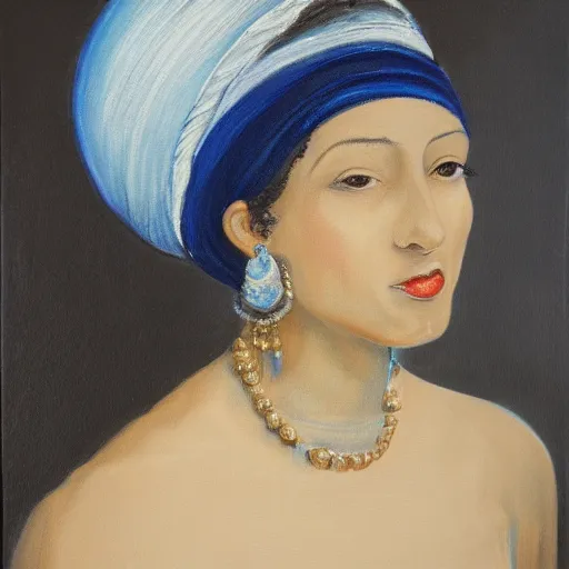 Prompt: a painting of a young woman wearing a blue and white turban. the woman is looking to the side with a soft expression, and her earring is a large, shining pearl. the background is a dark space, and the light is shining on the woman from the front, creating a halo - like effect around her head.