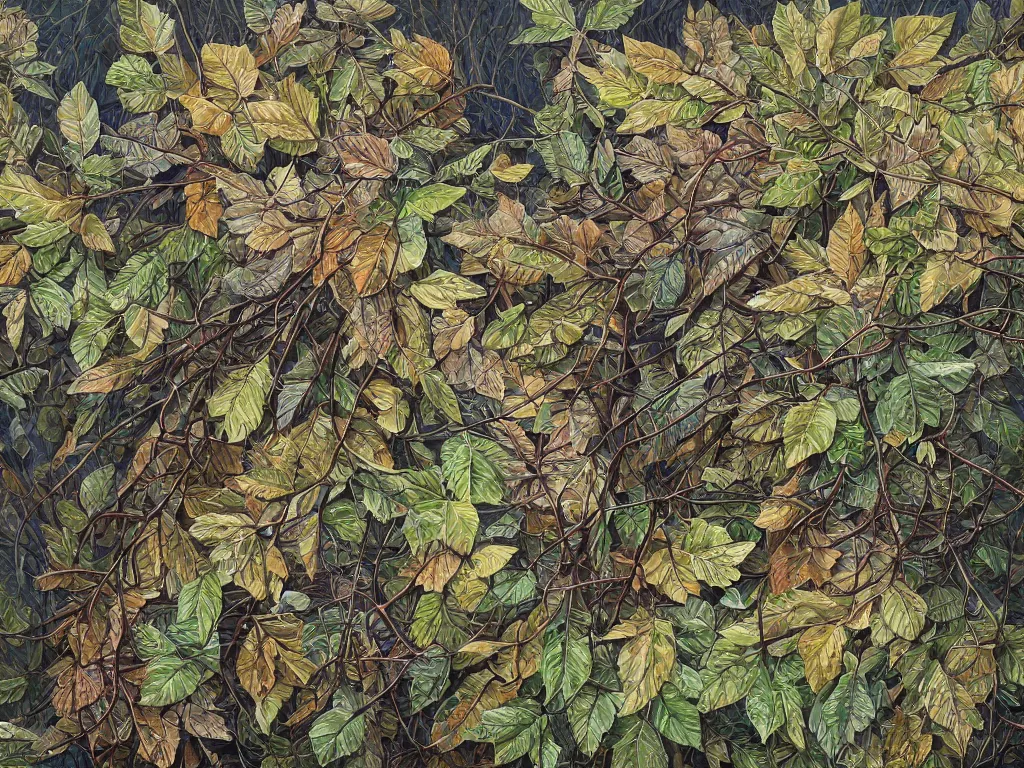 Prompt: a chaotic windy tornado of leaves, intricate details, aesthetically pleasing and harmonious natural colors, art by tiffany bozic, impressionism, detailed, dark, windy