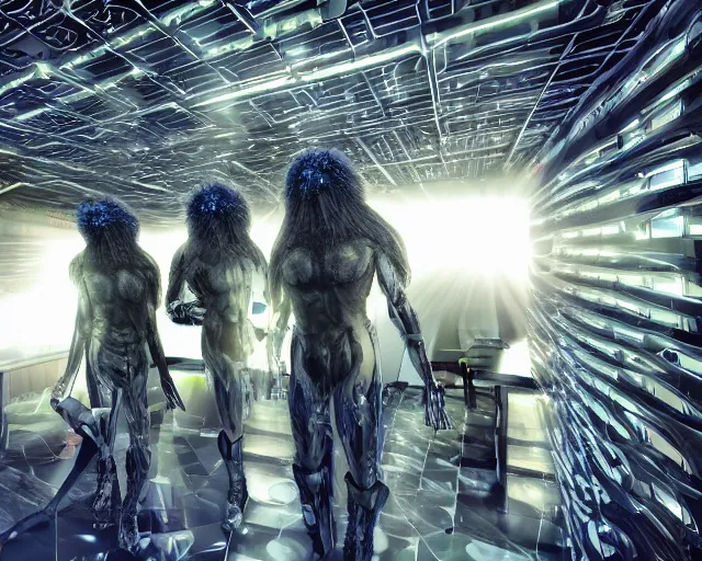 Image similar to glowing hair, server room, complex cybernetic beings, beautiful hairy humanoids, cybergods, cybermagnetosphere, cybernetic civilizations, ornate hair, love, joy, vortexes, large arrays, data holograms, 8 k, cinematic light shadows, wet hdr refractions
