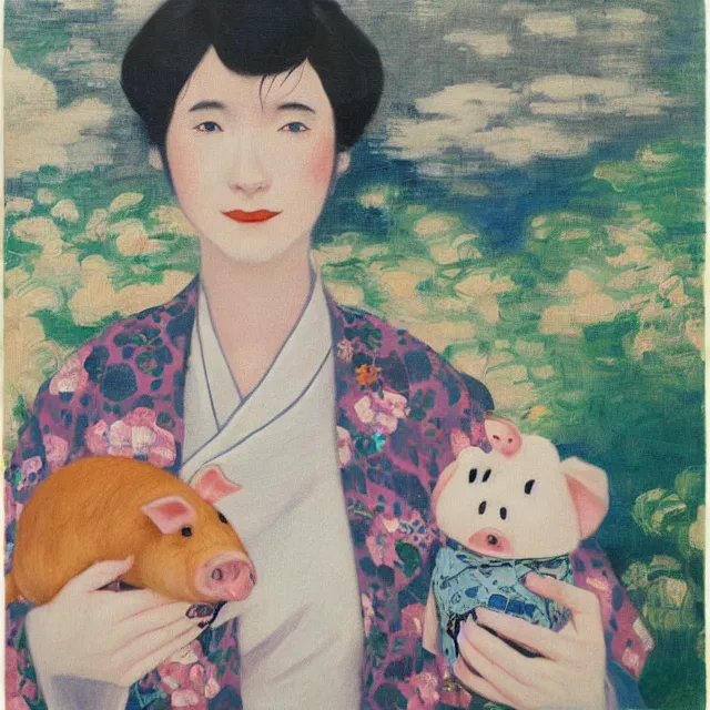 Image similar to tall emo female artist holding small portraits and piglet on a train, wearing a kimono, on yamanote line in japan, tokyo station, summer, sweat, ice coffee, pigs, octopus, acrylic on canvas, surrealist, by magritte and monet