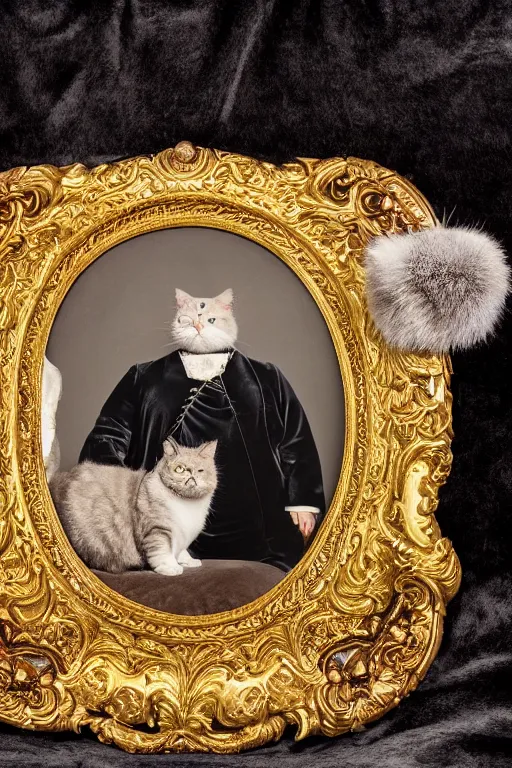 Image similar to a magnificent tintype portrait of a silly looking fluffy fat cat on an embroidered velvet cushion on a neo - rococo gilded little bed with precious stones, ball of yarn, by david lachapelle, photorealistic, photography, wide shot