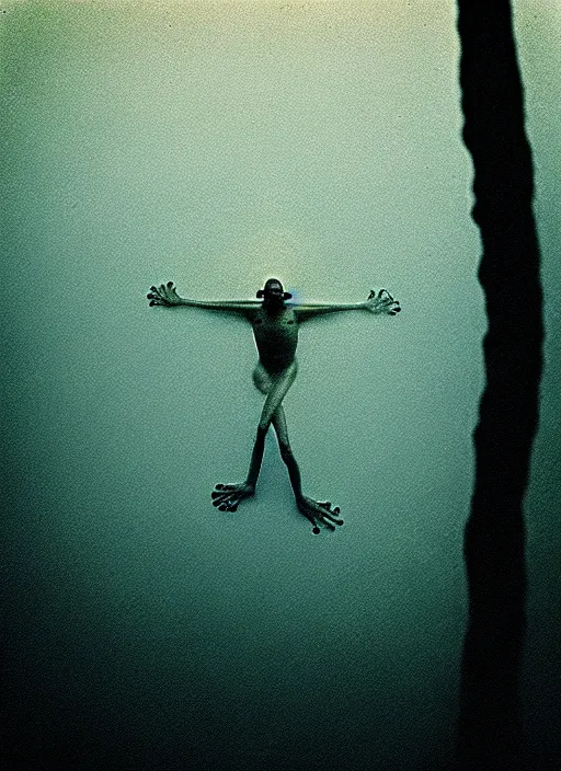 Image similar to “semitranslucent frog body vertically hovering over misty lake waters in jesus christ pose, low angle, long cinematic shot by Andrei Tarkovsky, paranormal, eerie, mystical”