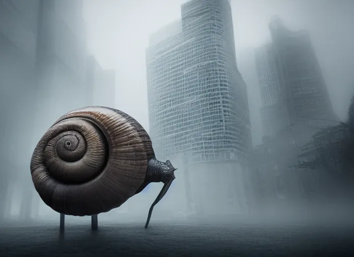 Image similar to photo of a giant snail terrorizes a foggy city. fantasy horror style. highly detailed 8 k. intricate. nikon d 8 5 0 3 0 0 mm. award winning photography.