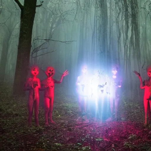 Image similar to a cult of aliens with glowing red eyes performing a séance in a haunted forest