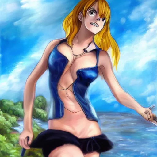 Image similar to beautiful emma watson cosplay as nami from one piece, oil painting, full body.