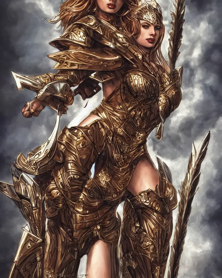 Image similar to cadence lux as an amazon warrior, a tall beautiful woman with brown skin and long hair, dressed in hellenistic body armor, intricate, elegant, highly detailed, smooth, sharp focus, detailed face, art by ardian syaf