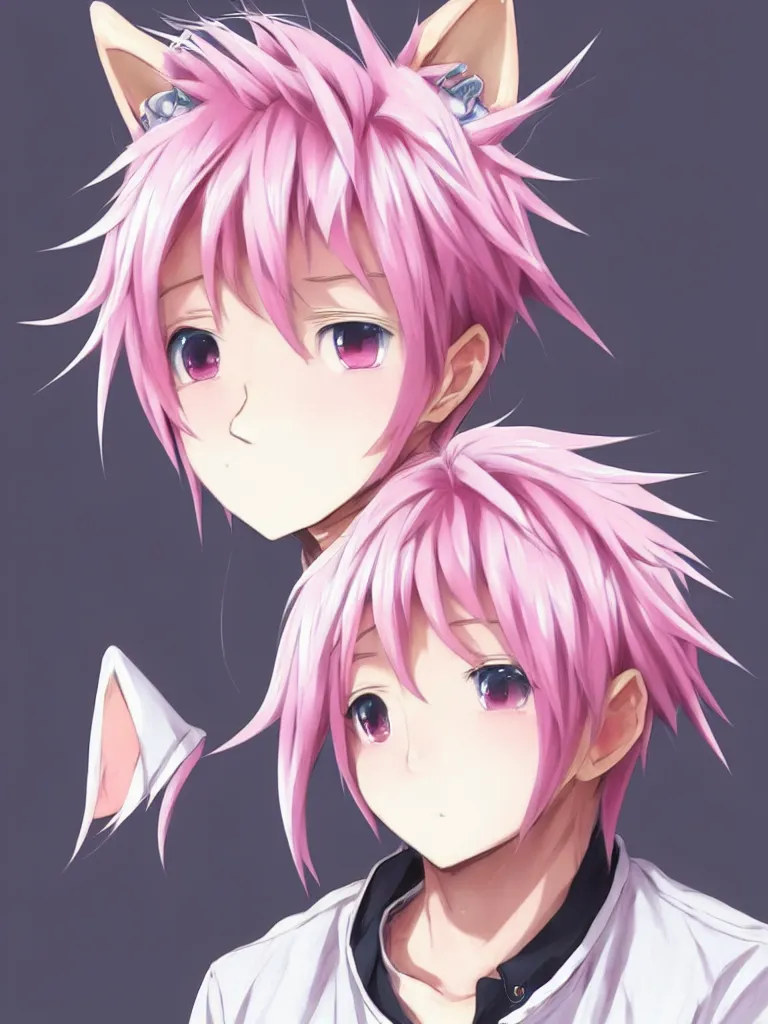 Image similar to character concept art of an cute anime boy with pink hair and pink wolf ears | | cute - fine - face, pretty face, key visual, realistic shaded perfect face, fine details by stanley artgerm lau, wlop, rossdraws, james jean, andrei riabovitchev, marc simonetti, and sakimichan, tranding on artstation