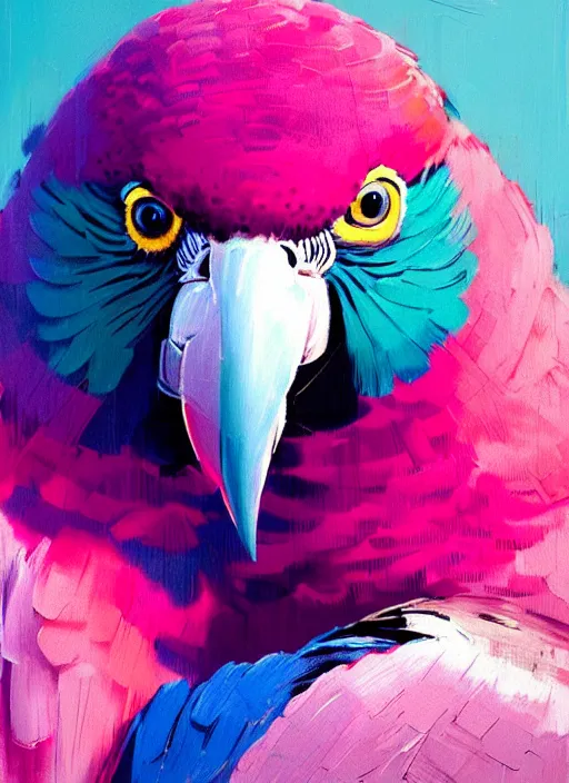 Image similar to portrait of a beautiful parrot, shades of pink and blue, beautiful face, rule of thirds, spotlight, by greg rutkowski, by jeremy mann, by francoise nielly, by van gogh, digital painting