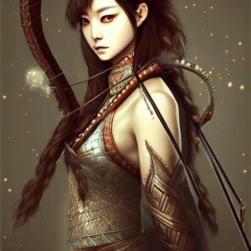 Image similar to beautiful extremely detailed intricate concept art depicting an archer by sakimichan. shining jewelry. grey atmosphere. particles in the background. bcy. net