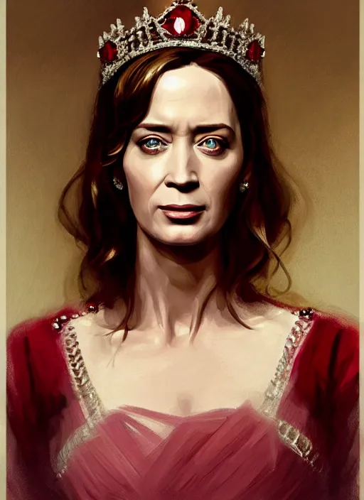 Prompt: portrait of emily blunt as queen, jewelry, greek, ruby, victorian age, 1 8 9 0, intricate, headshot, key visual, conceptart, ambient lighting, highly detailed, digital painting, artstation, concept art, sharp focus, by makoto shinkai and akihiko yoshida and greg manchess