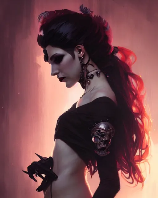 Prompt: portrait of a gorgeous punk goth girl, elegant, digital painting, highly detailed, artstation, concept art, smooth, sharp focus, illustration, art by artgerm and greg rutkowski and alphonse mucha