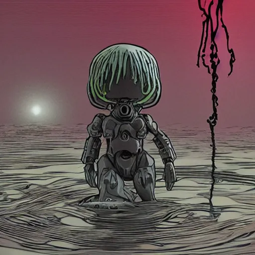 Image similar to blindly pulling against a spectral doom and swaying monotonously backward and forward as the water rose, a robert papp illustration, a vocaloid toy from death stranding