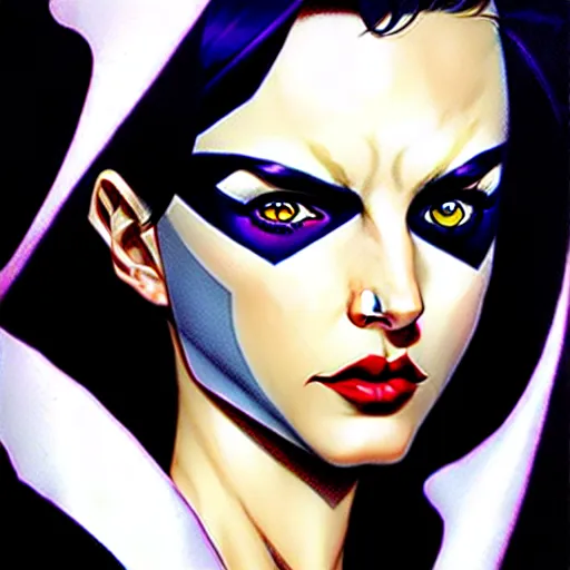 Image similar to artgerm, joshua middleton comic cover art, pretty domino character marvel comics sarah michelle gellar, place white skin, asymmetrical black spot covering left eye only, no spot right eye white around right eye asymmetrical eye