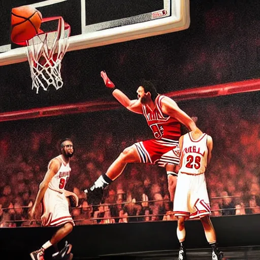 Image similar to hyperrealistic mixed media high resolution painting of Danny DeVito slam dunk Chicago bulls, stunning 3d render inspired art by István Sándorfi and Greg Rutkowski and Unreal Engine, perfect facial symmetry, dim volumetric lighting, 8k octane beautifully detailed render, full body shot, post-processing, extremely hyper-detailed, intricate, epic composition, highly detailed attributes, highly detailed atmosphere, cinematic lighting, masterpiece, trending on artstation, very very detailed, masterpiece, stunning, flawless completion, lifelike texture, perfection,