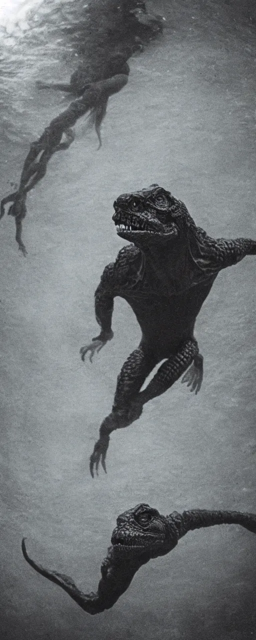 Image similar to an ultra wide colour 3 5 mm film photo of a terrifying half reptile half humanoid hybrid creature, hunting underwater in a public swimming pool, liminal spaces, ritual occult gathering, film grain