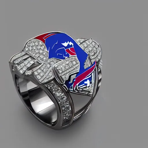 Image similar to Buffalo Bills championship ring, diamonds, sapphires, smooth lighthing, ultradetailed, 4k, trending on artstation, devianart and cgsociety, concept art