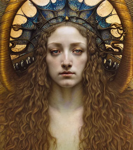 Image similar to detailed realistic beautiful young medieval queen of jupiter face portrait by jean delville, gustave dore and marco mazzoni, art nouveau, symbolist, visionary, gothic, pre - raphaelite. horizontal symmetry by zdzisław beksinski, iris van herpen, raymond swanland and alphonse mucha. highly detailed, hyper - real, beautiful