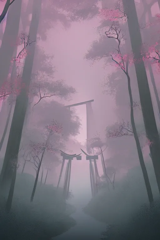 Prompt: Japanese Torii in the center of the picture , torii in a moutain with trees ,night , by Grzegorz Rutkowski, concept art, pink scheme,horizontal symmetry