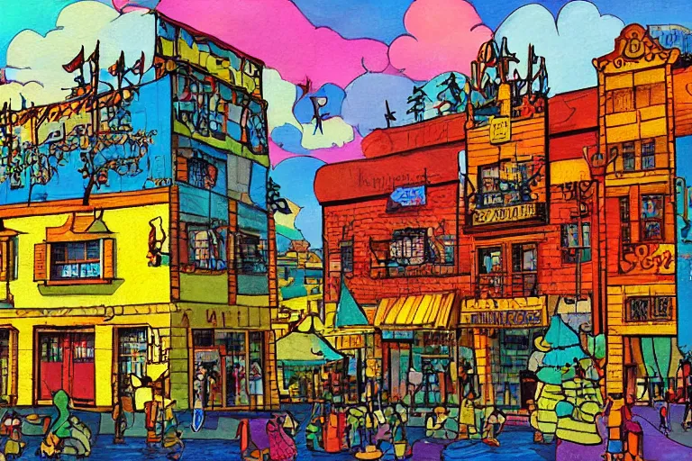 Image similar to townsquare in a sunny day, artwork by tooth wu, colorful high contrast, very coherent, dark shadow