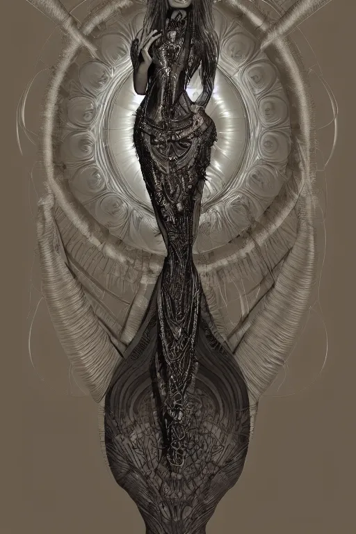 Image similar to a realistic dark photo of a beautiful ancient alien woman goddess kate moss nataraja shiva standing in iris van herpen dress jewelery and fractals in style of alphonse mucha art nuvo dmt trending on artstation made in unreal engine 4