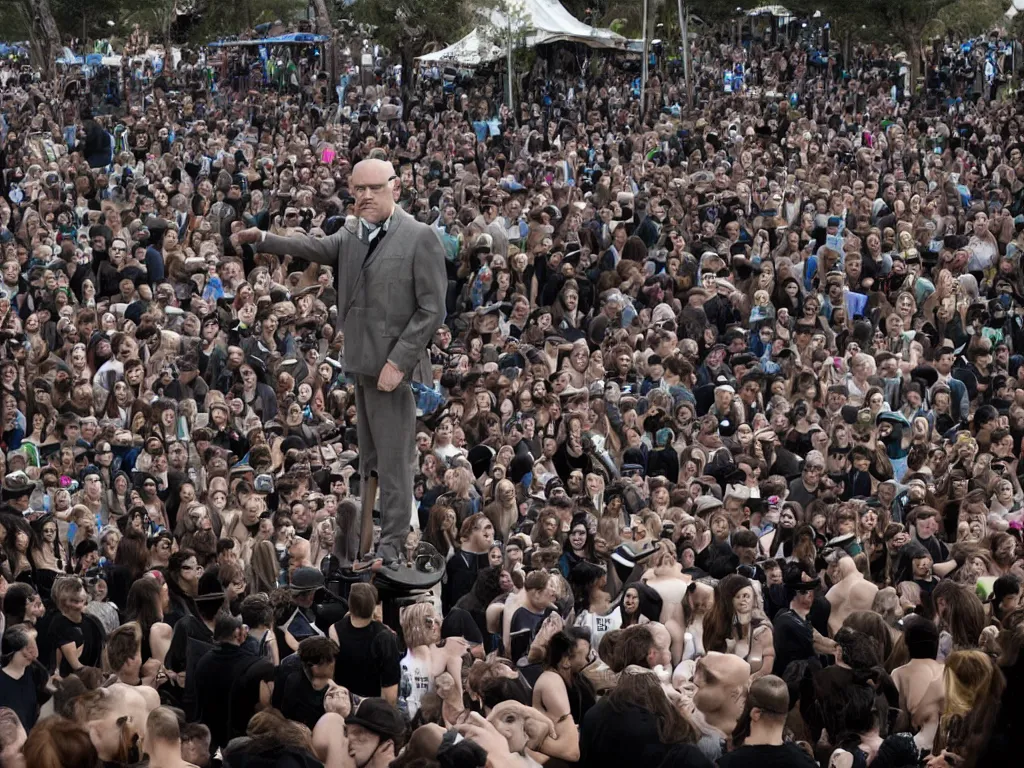 Image similar to mr peculiar is surrounded by incredible technology playing highly evolved music overlooking a crowd at a trance festival