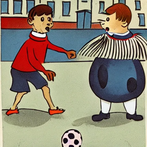 Image similar to book illustration of a french boy on the streets of paris playing football against a corgi, the dog is wearing a polka dot scarf, 1 9 6 6