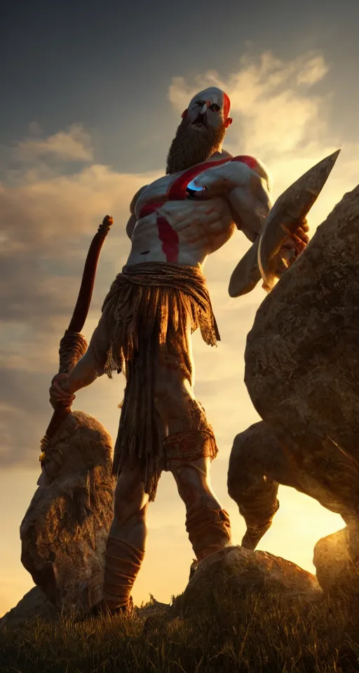 Prompt: a lonely god of war standing tall on a hill, photorealism, sunset, greek mythology