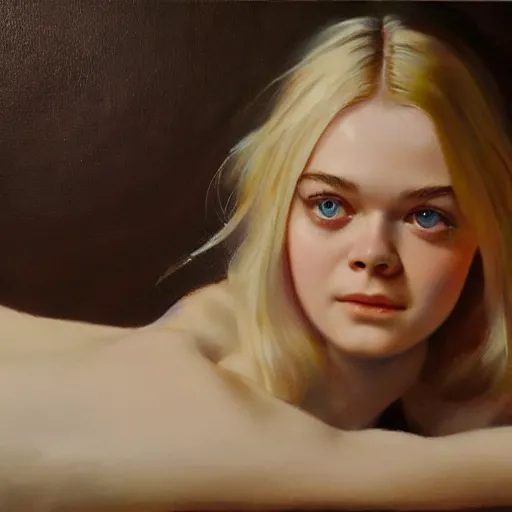 Image similar to ultra realistic portrait painting of elle fanning in euphoria, art by frank frazetta, 4 k, ultra realistic, highly detailed, epic lighting