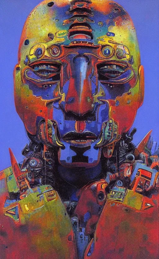 Image similar to portrait of mecha african tribal chief, symmetrical, dramatic lighting, colourful, art by zdzislaw beksinski,