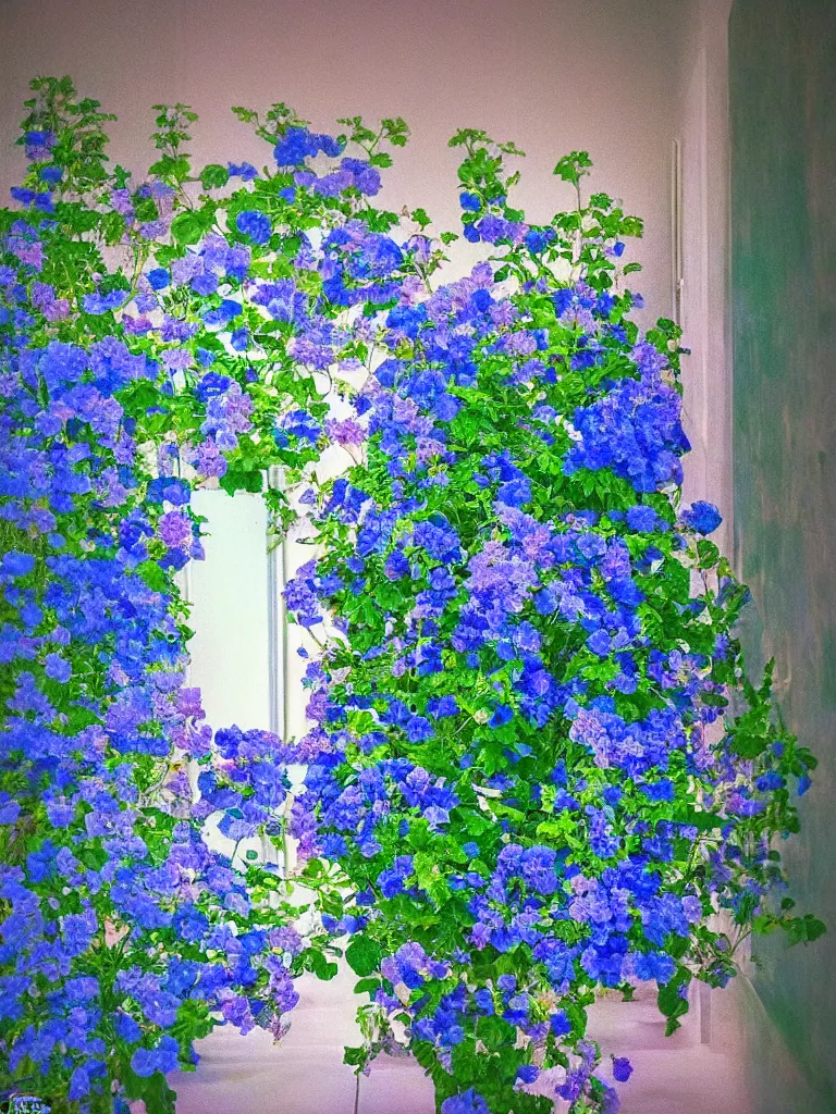 Image similar to well the telephone was ringing in a corridor of blue, a geranium came out of it reminded me of you