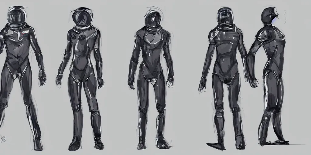 Image similar to male, science fiction space suit, character sheet, concept art, stylized, large shoulders, large torso, long thin legs, exaggerated proportions, concept design