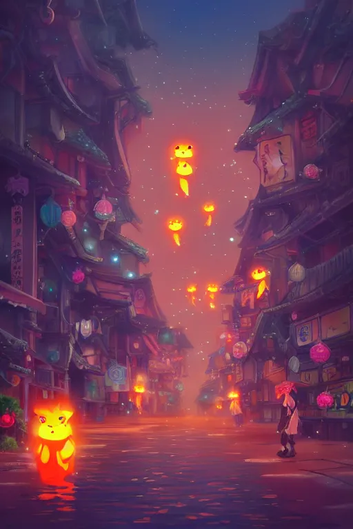 Image similar to fantasy art of glowing goldfish swimming in the air, in the streets of a japanese town at night, with people watching in wonder, in the style of studio ghibli and makoto shinkai, highly detailed digital art, trending on artstation