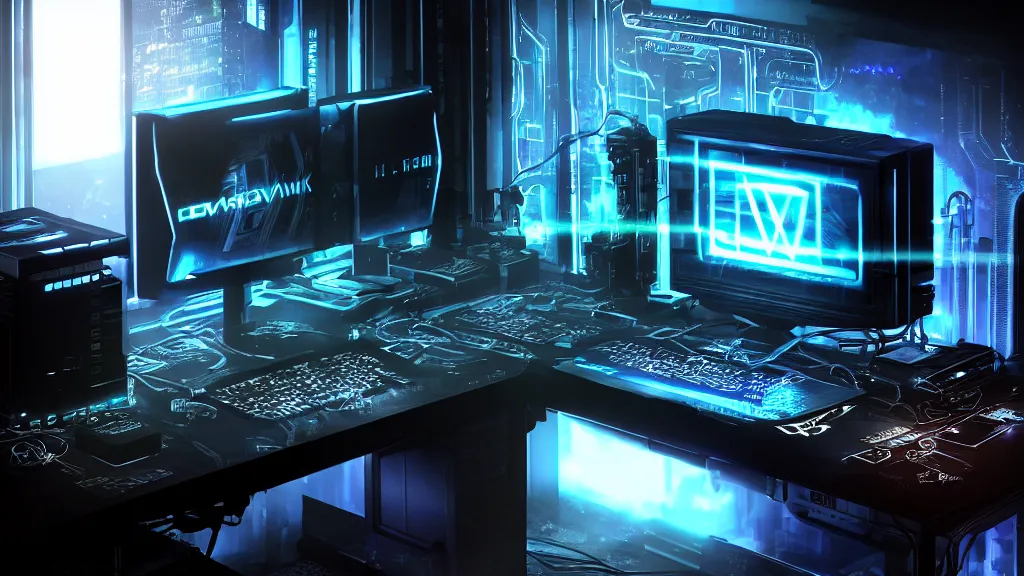 Prompt: a cyberpunk overpowered computer. Overclocking, watercooling, custom computer, cyber, mat black metal, alienware, futuristic design, desktop computer, desk, home office, whole room, minimalist, Beautiful dramatic dark moody tones and lighting, Ultra realistic details, cinematic atmosphere, studio lighting, shadows, dark background, dimmed lights, industrial architecture, Octane render, realistic 3D, photorealistic rendering, 8K, 4K, computer setup, highly detailed