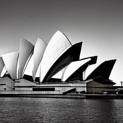 Image similar to Sydney Opera house on fire, photo by ansel adams |